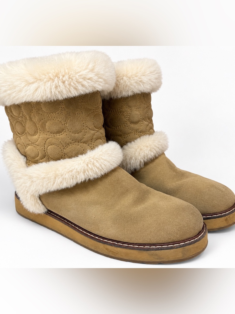 COACH IZZIE Boots Size 9 Signature Midcalf Suede Faux Fur FG4597